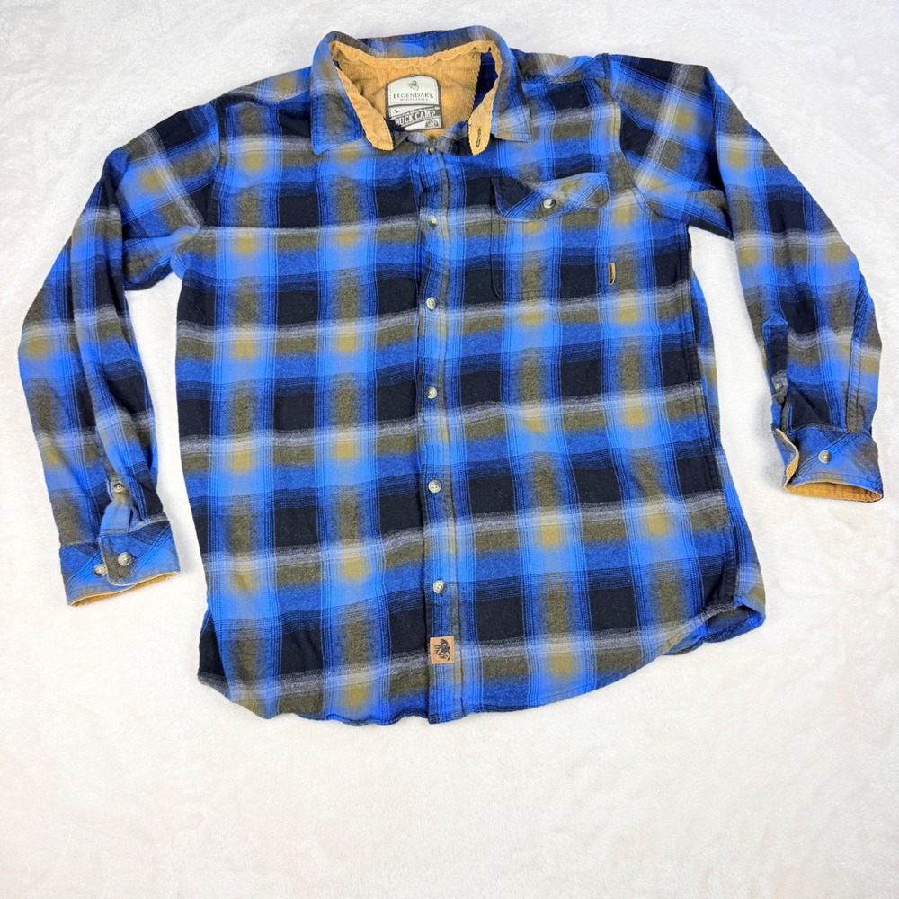 Legendary Whitetails Buck Camp Flannel Shirt Mens LT Tall Blue Plaid Corduroy